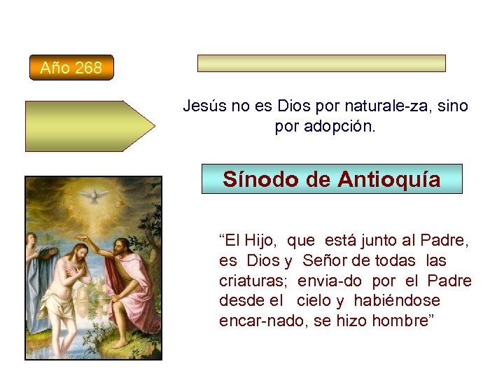 Año 268 Jesús no es Dios por naturale-za, sino por adopción. Sínodo de Antioquía