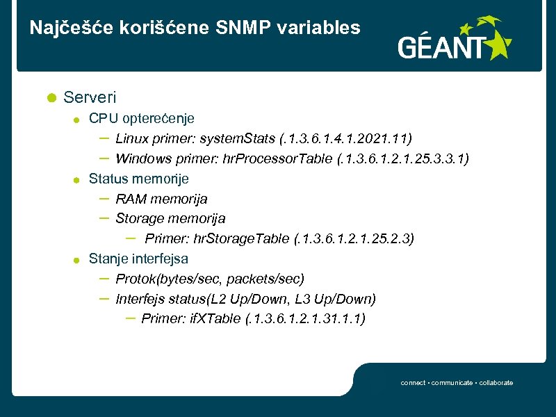 Najčešće korišćene SNMP variables Serveri CPU opterećenje – Linux primer: system. Stats (. 1.