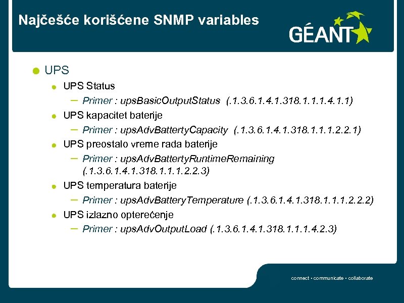 Najčešće korišćene SNMP variables UPS Status – Primer : ups. Basic. Output. Status (.