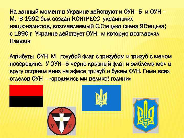 На данный момент в Украине действуют и ОУН—Б и ОУН – М. В 1992