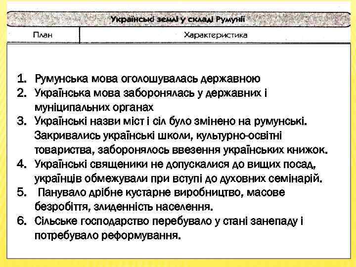 1. Румунська мова оголошувалась державною 2. Українська мова заборонялась у державних і муніципальних органах