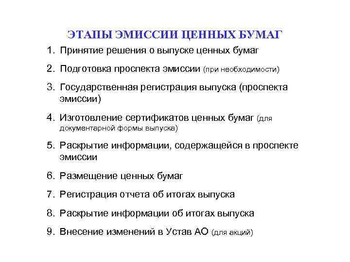 ЭТАПЫ ЭМИССИИ ЦЕННЫХ БУМАГ 1. Принятие решения о выпуске ценных бумаг 2. Подготовка проспекта