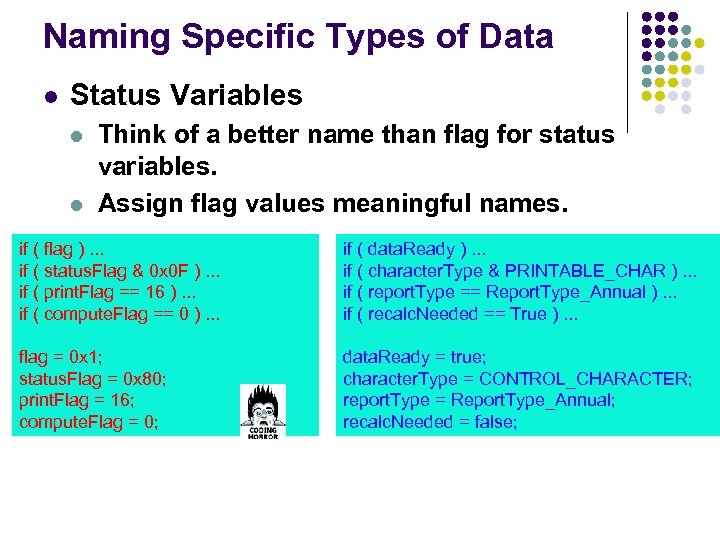 Naming Specific Types of Data Status Variables Think of a better name than flag