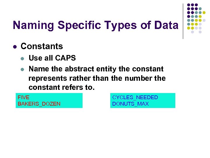 Naming Specific Types of Data Constants Use all CAPS Name the abstract entity the