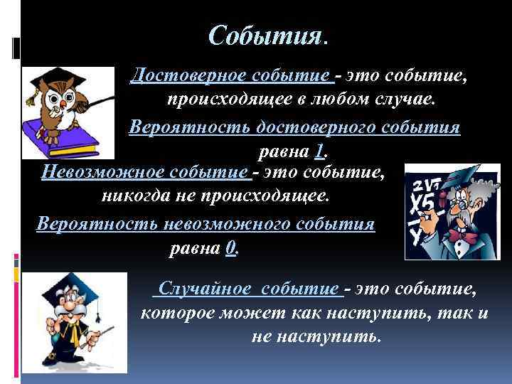 События. Достоверное событие - это событие, происходящее в любом случае. Вероятность достоверного события равна