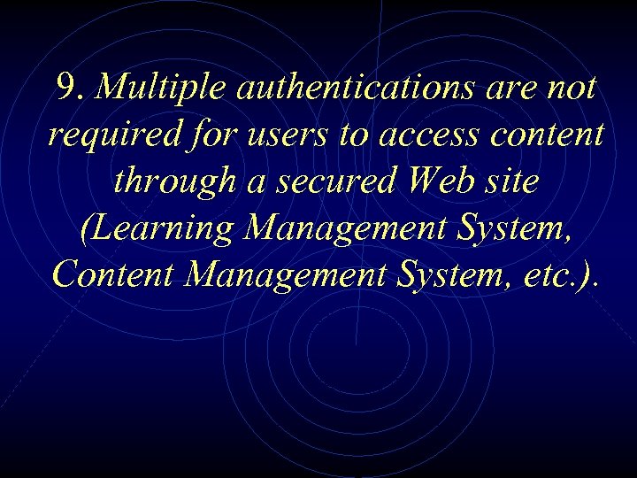 9. Multiple authentications are not required for users to access content through a secured