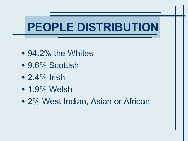 PEOPLE DISTRIBUTION w 94. 2% the Whites w 9. 6% Scottish w 2. 4%