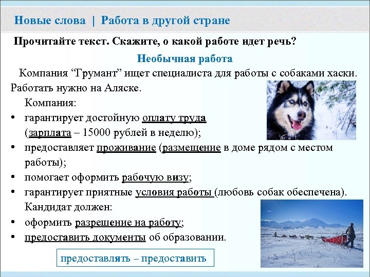 Новые слова | Работа в другой стране Прочитайте текст. Скажите, о какой работе идет