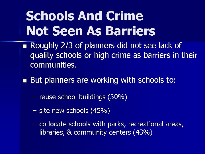 Schools And Crime Not Seen As Barriers n Roughly 2/3 of planners did not