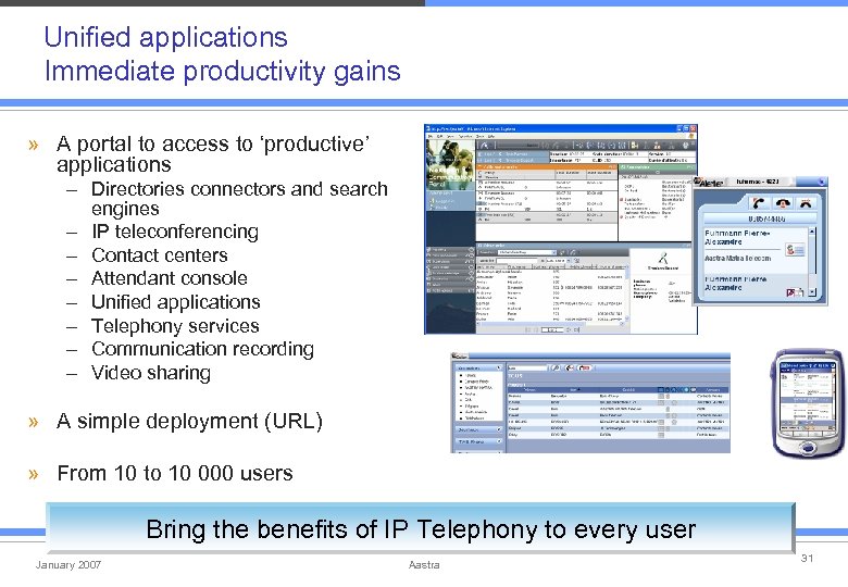 Unified applications Immediate productivity gains » A portal to access to ‘productive’ applications –