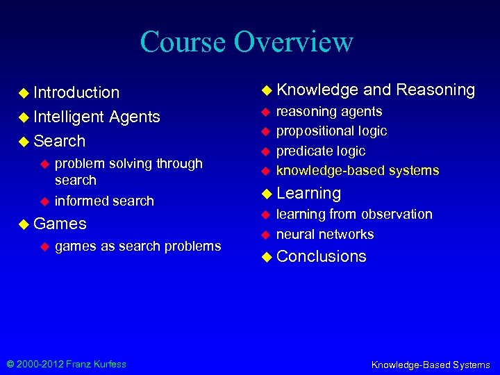 Course Overview u Introduction u Knowledge u Intelligent u Agents u Search u u