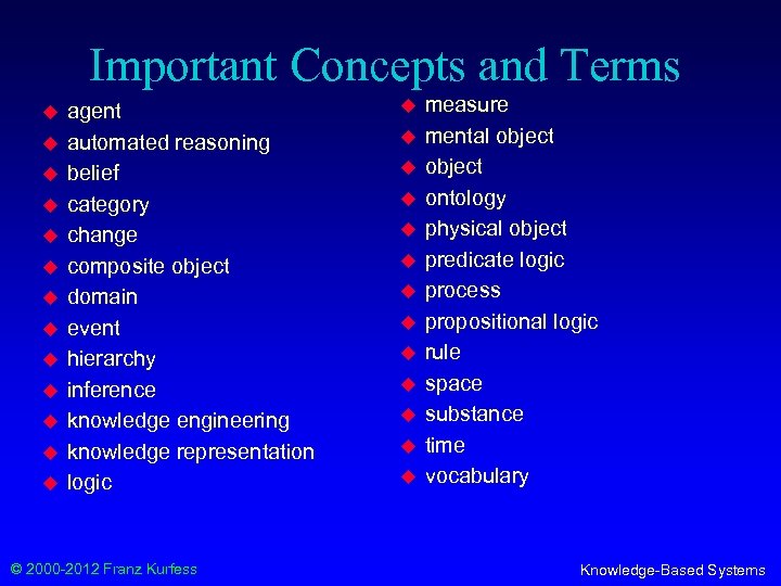 Important Concepts and Terms u u u u agent automated reasoning belief category change