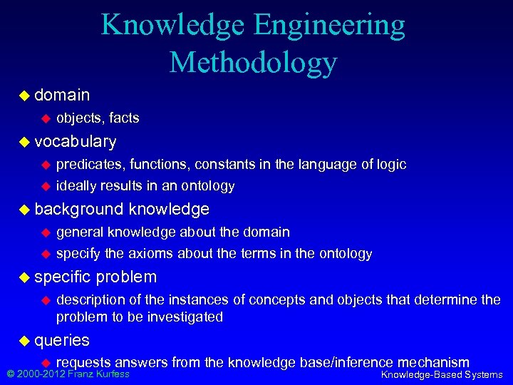 Knowledge Engineering Methodology u domain u objects, facts u vocabulary u u predicates, functions,