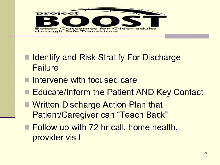 n Identify and Risk Stratify For Discharge Failure n Intervene with focused care n