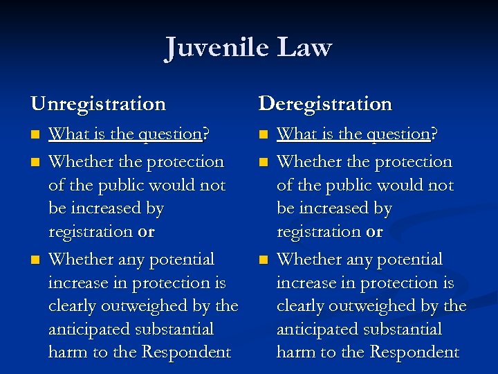 Juvenile Law Unregistration n What is the question? Whether the protection of the public