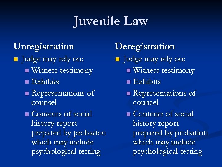 Juvenile Law Unregistration n Judge may rely on: n Witness testimony n Exhibits n