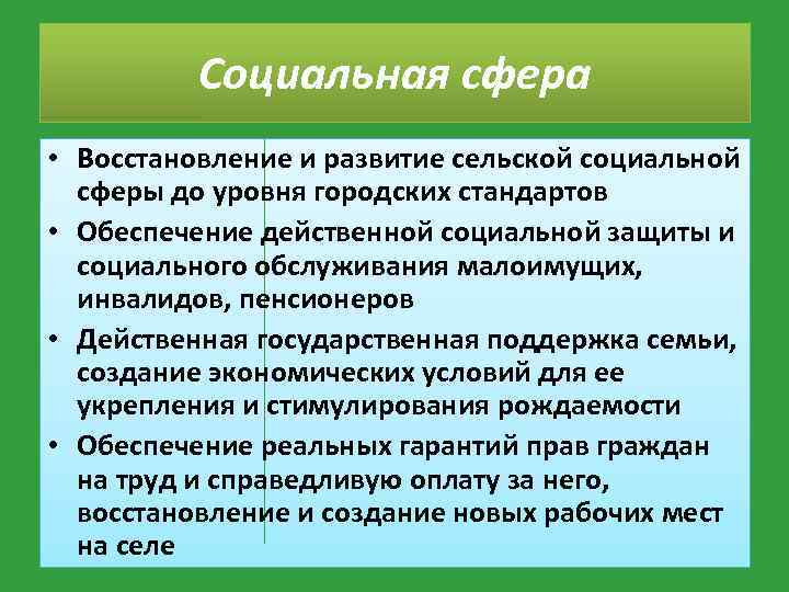 Социальная сфера • Восстановление и развитие сельской социальной сферы до уровня городских стандартов •
