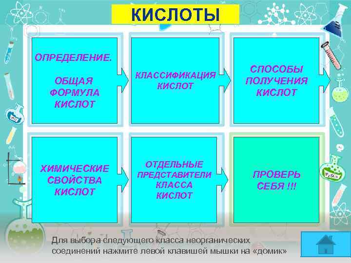 КИСЛОТЫ ОПРЕДЕЛЕНИЕ. ОБЩАЯ ФОРМУЛА КИСЛОТ ХИМИЧЕСКИЕ СВОЙСТВА КИСЛОТ КЛАССИФИКАЦИЯ КИСЛОТ ОТДЕЛЬНЫЕ ПРЕДСТАВИТЕЛИ КЛАССА КИСЛОТ
