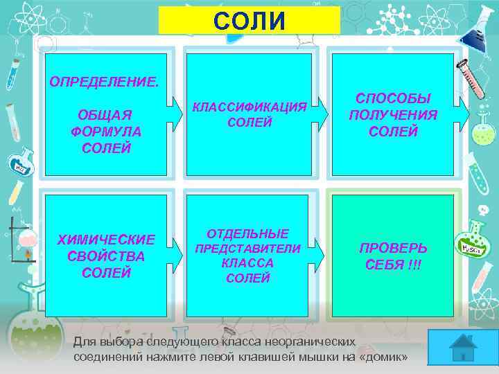 СОЛИ ОПРЕДЕЛЕНИЕ. ОБЩАЯ ФОРМУЛА СОЛЕЙ ХИМИЧЕСКИЕ СВОЙСТВА СОЛЕЙ КЛАССИФИКАЦИЯ СОЛЕЙ ОТДЕЛЬНЫЕ ПРЕДСТАВИТЕЛИ КЛАССА СОЛЕЙ