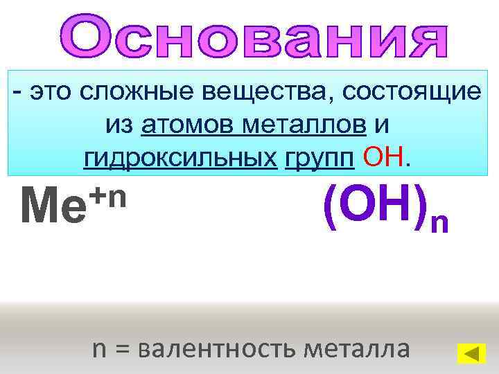 - это сложные вещества, состоящие из атомов металлов и гидроксильных групп ОН. +n Ме
