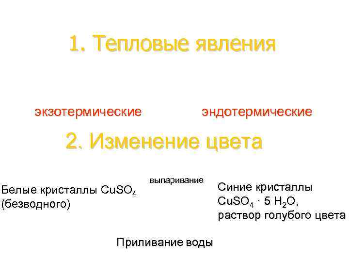 1. Тепловые явления экзотермические эндотермические 2. Изменение цвета Белые кристаллы Cu. SO 4 (безводного)