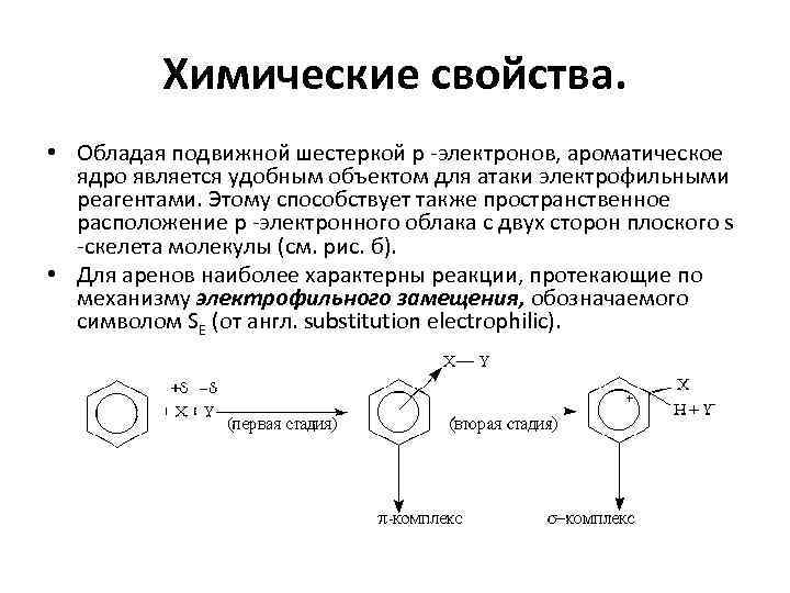 Химические свойства. • Обладая подвижной шестеркой p -электронов, ароматическое ядро является удобным объектом для