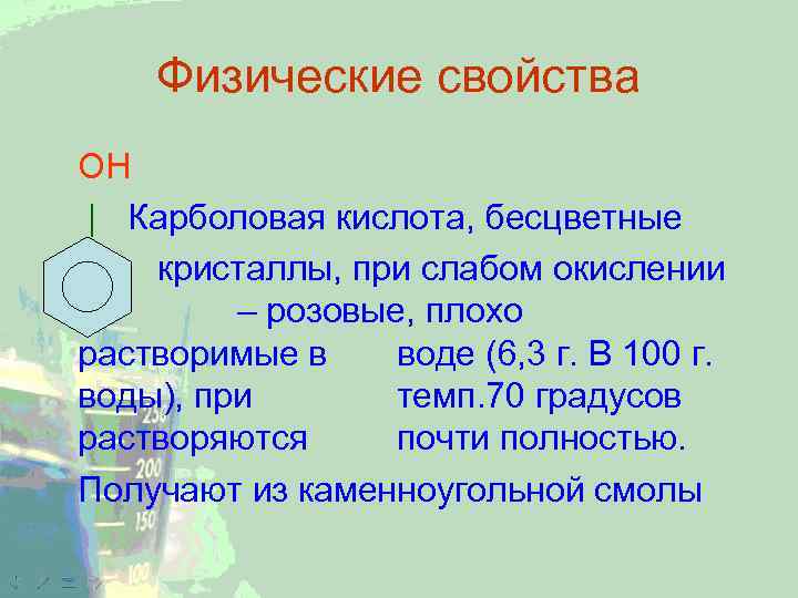 Физические свойства ОН | Карболовая кислота, бесцветные | кристаллы, при слабом окислении – розовые,