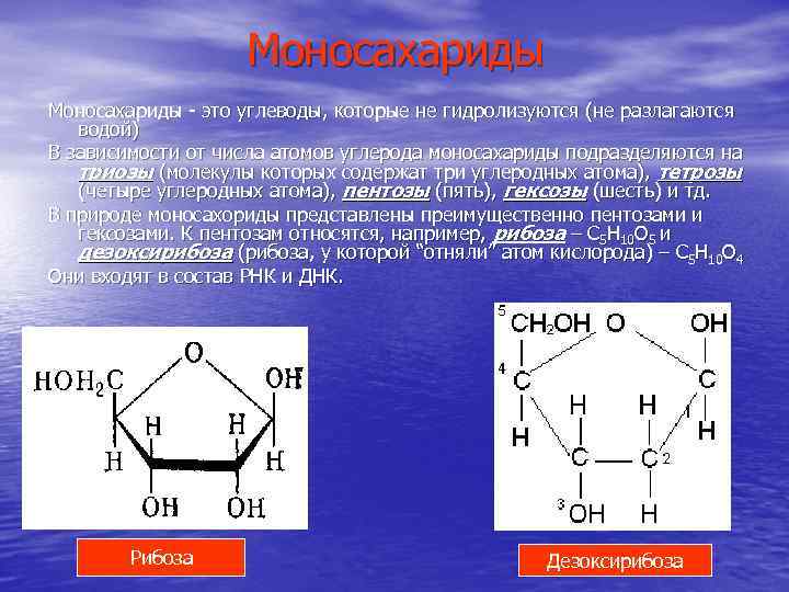 Моносахариды - это углеводы, которые не гидролизуются (не разлагаются водой) В зависимости от числа