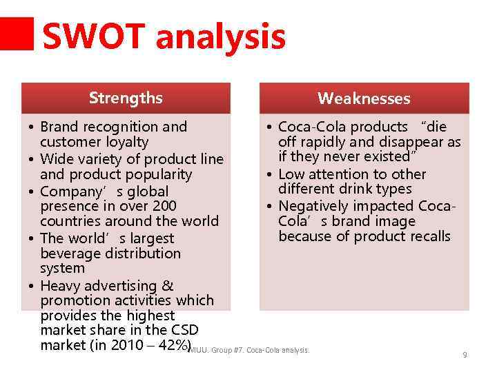 SWOT analysis Strengths Weaknesses • Brand recognition and • Coca-Cola products “die customer loyalty