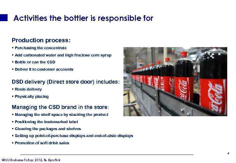 Activities the bottler is responsible for Production process: § Purchasing the concentrate § Add