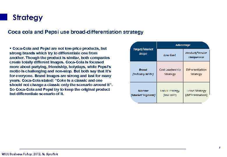 Strategy Coca cola and Pepsi use broad-differentiation strategy § Coca-Cola and Pepsi are not