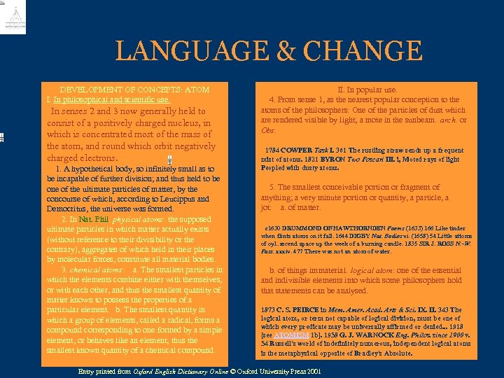 LANGUAGE & CHANGE DEVELOPMENT OF CONCEPTS: ATOM I. In philosophical and scientific use. In