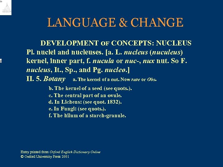 LANGUAGE & CHANGE DEVELOPMENT OF CONCEPTS: NUCLEUS Pl. nuclei and nucleuses. [a. L. nucleus