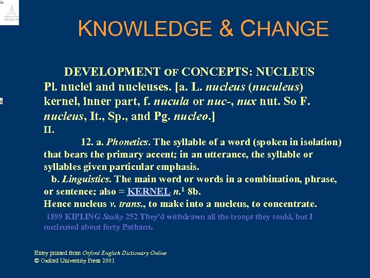 KNOWLEDGE & CHANGE DEVELOPMENT OF CONCEPTS: NUCLEUS Pl. nuclei and nucleuses. [a. L. nucleus