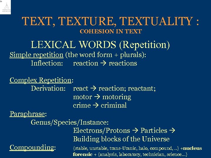 TEXT, TEXTURE, TEXTUALITY : COHESION IN TEXT LEXICAL WORDS (Repetition) Simple repetition (the word
