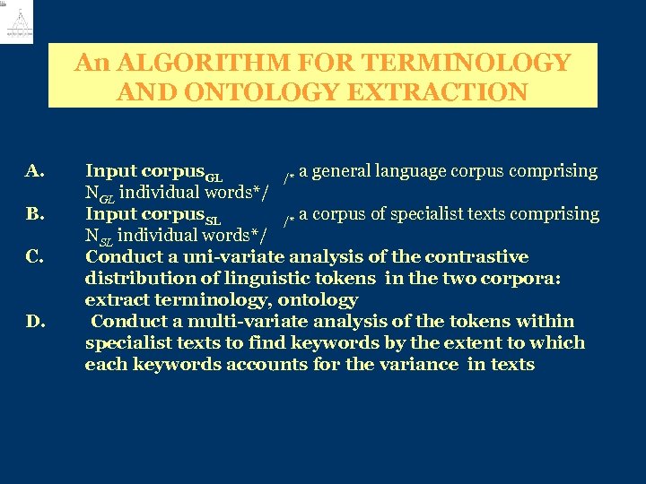 An ALGORITHM FOR TERMINOLOGY AND ONTOLOGY EXTRACTION A. B. C. D. Input corpus. GL