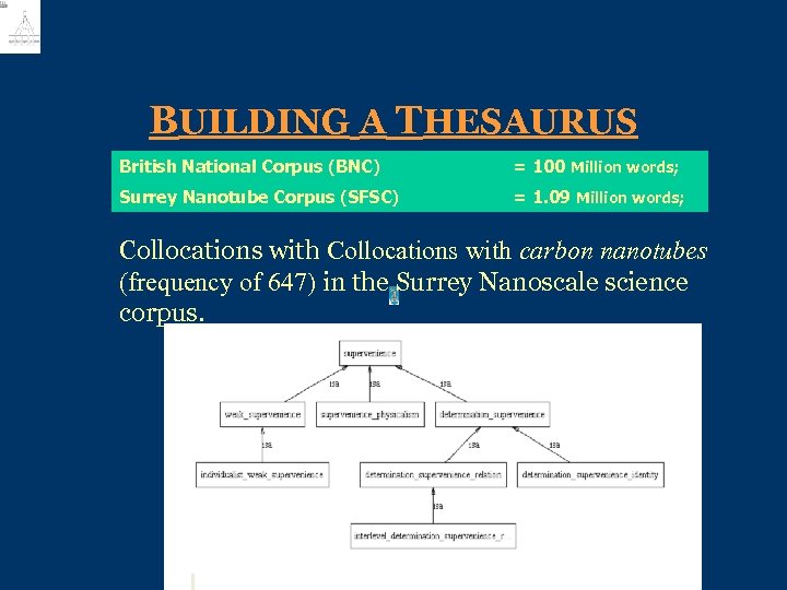 BUILDING A THESAURUS British National Corpus (BNC) = 100 Million words; Surrey Nanotube Corpus