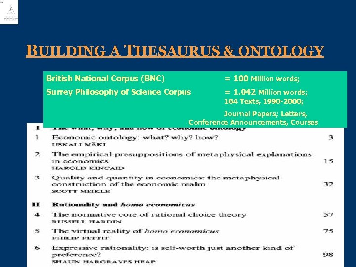 BUILDING A THESAURUS & ONTOLOGY British National Corpus (BNC) = 100 Million words; Surrey