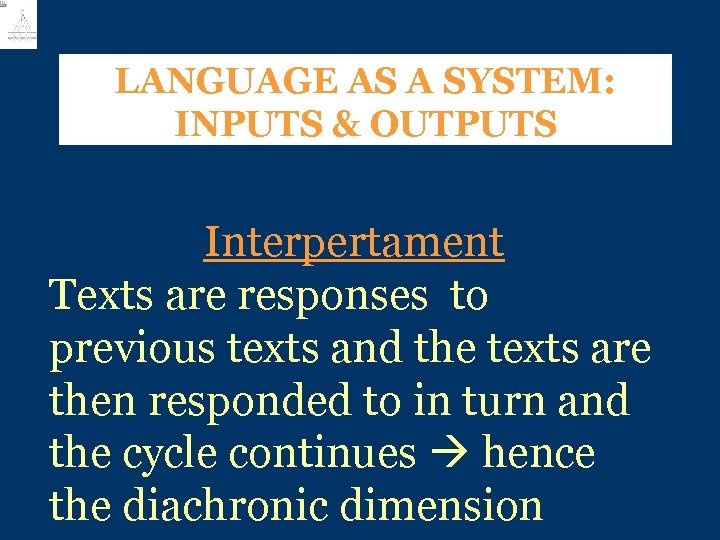LANGUAGE AS A SYSTEM: INPUTS & OUTPUTS Interpertament Texts are responses to previous texts