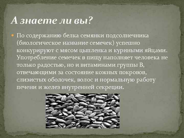 А знаете ли вы? По содержанию белка семянки подсолнечника (биологическое название семечек) успешно конкурируют