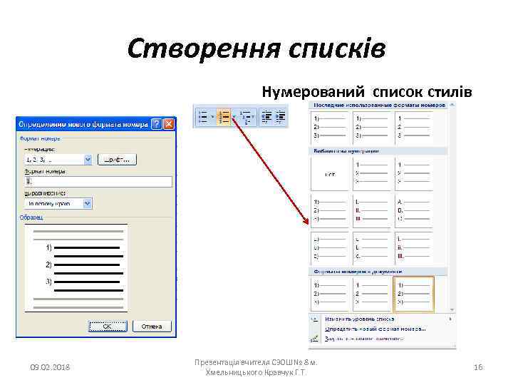 Створення списків Нумерований список стилів 09. 02. 2018 Презентація вчителя СЗОШ№ 8 м. Хмельницького