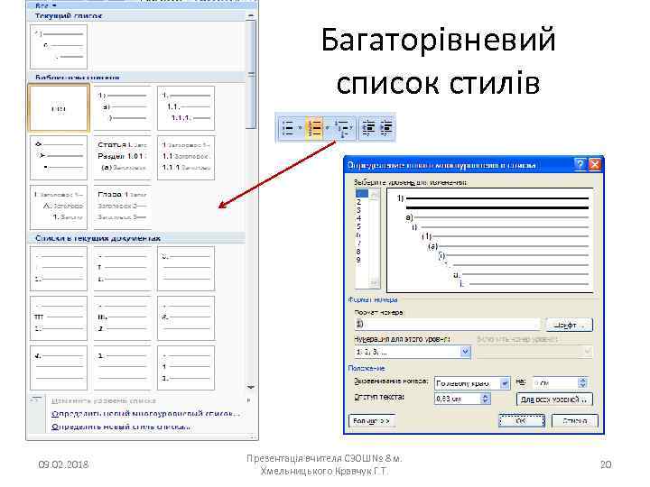 Багаторівневий список стилів 09. 02. 2018 Презентація вчителя СЗОШ№ 8 м. Хмельницького Кравчук Г.