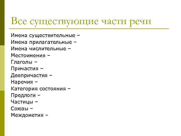 Все существующие части речи Имена существительные – Имена прилагательные – Имена числительные – Местоимения