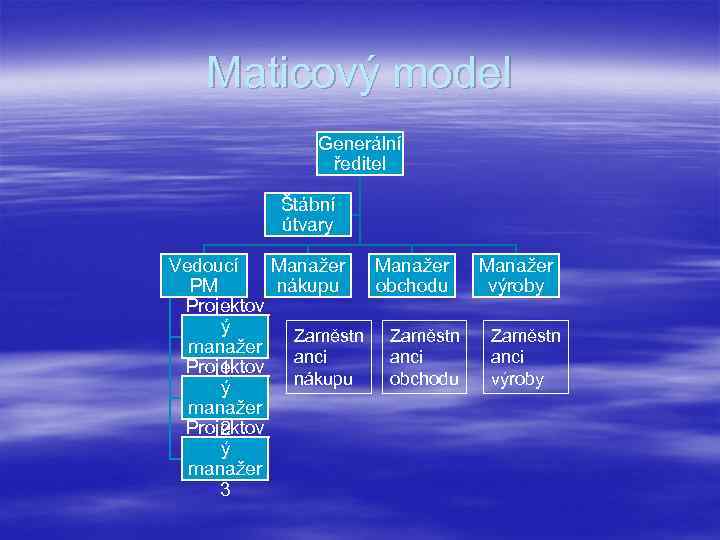 Maticový model Generální ředitel Štábní útvary Vedoucí Manažer PM nákupu obchodu Projektov ý Zaměstn