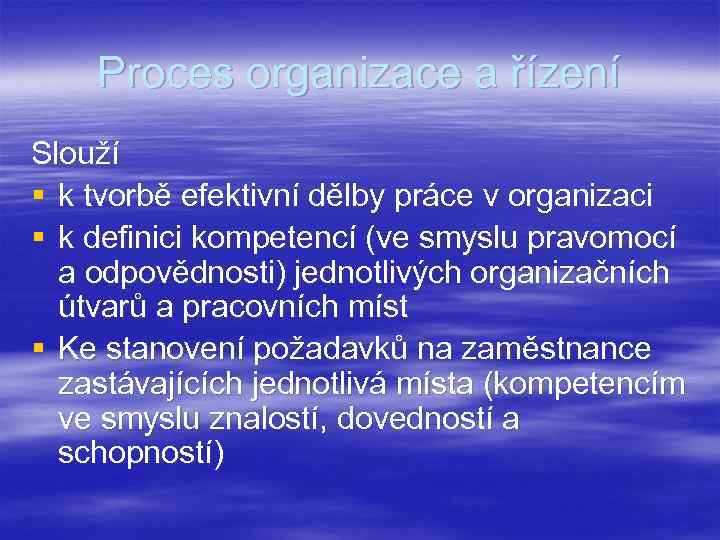 Proces organizace a řízení Slouží § k tvorbě efektivní dělby práce v organizaci §
