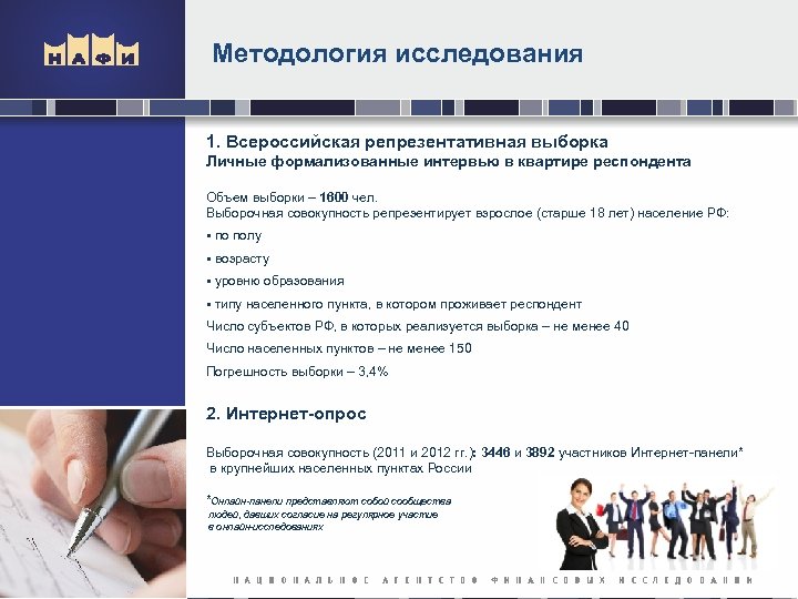 Методология исследования 1. Всероссийская репрезентативная выборка Личные формализованные интервью в квартире респондента Объем выборки
