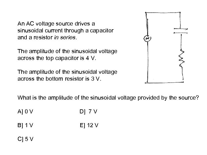 An AC voltage source drives a sinusoidal current through a capacitor and a resistor