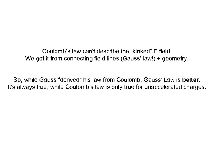 Coulomb’s law can’t describe the “kinked” E field. We got it from connecting field