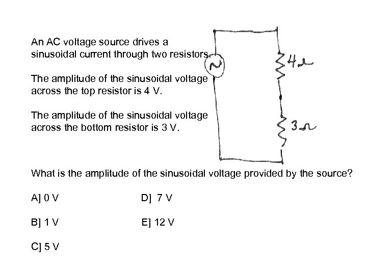 An AC voltage source drives a sinusoidal current through two resistors. The amplitude of