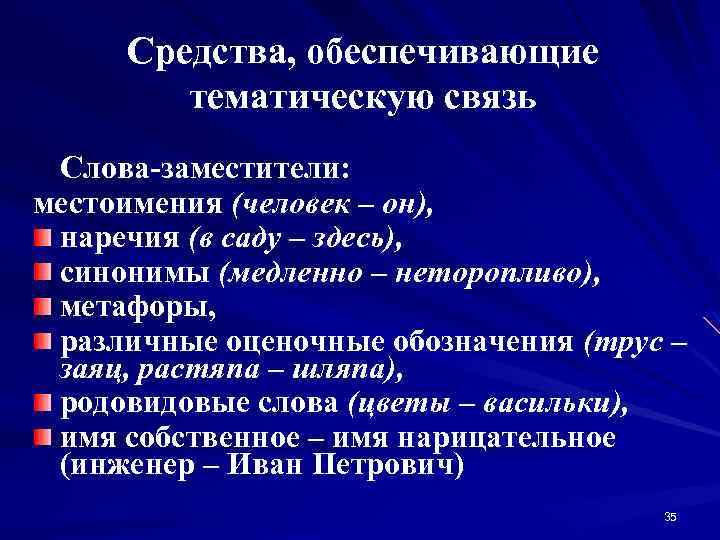 Средства, обеспечивающие тематическую связь Слова-заместители: местоимения (человек – он), наречия (в саду – здесь),